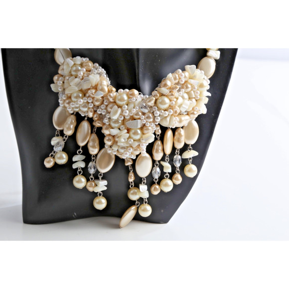 Vintage Ivory Pearl Shell Bohemian Chunky Statement Necklace Layered Beaded - Picture 1 of 15